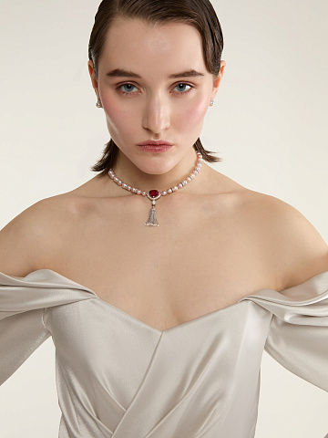 Колье из белого золота с гранатом, турмалином в форме сердца, жемчугом и бриллиантами, 2