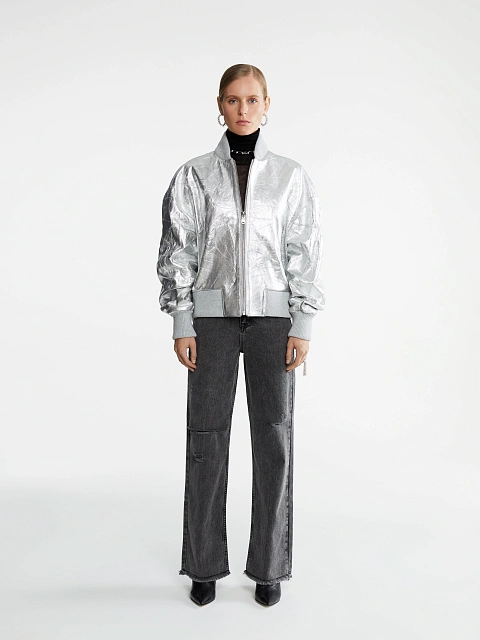 Серебристый бомбер из мятой кожи, 2