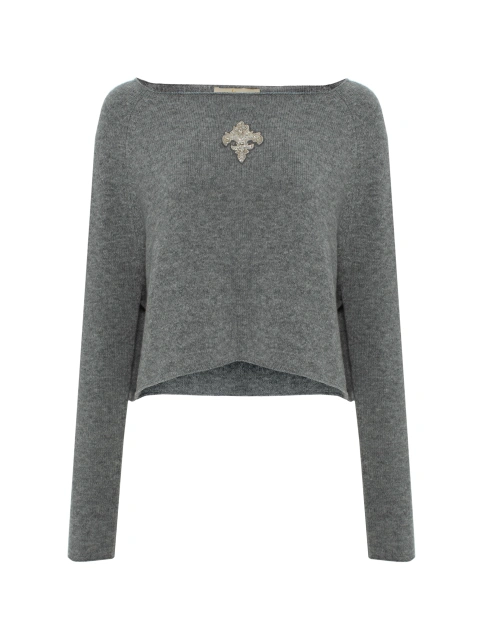 Серый укороченный пуловер из кашемира с лилией, 1