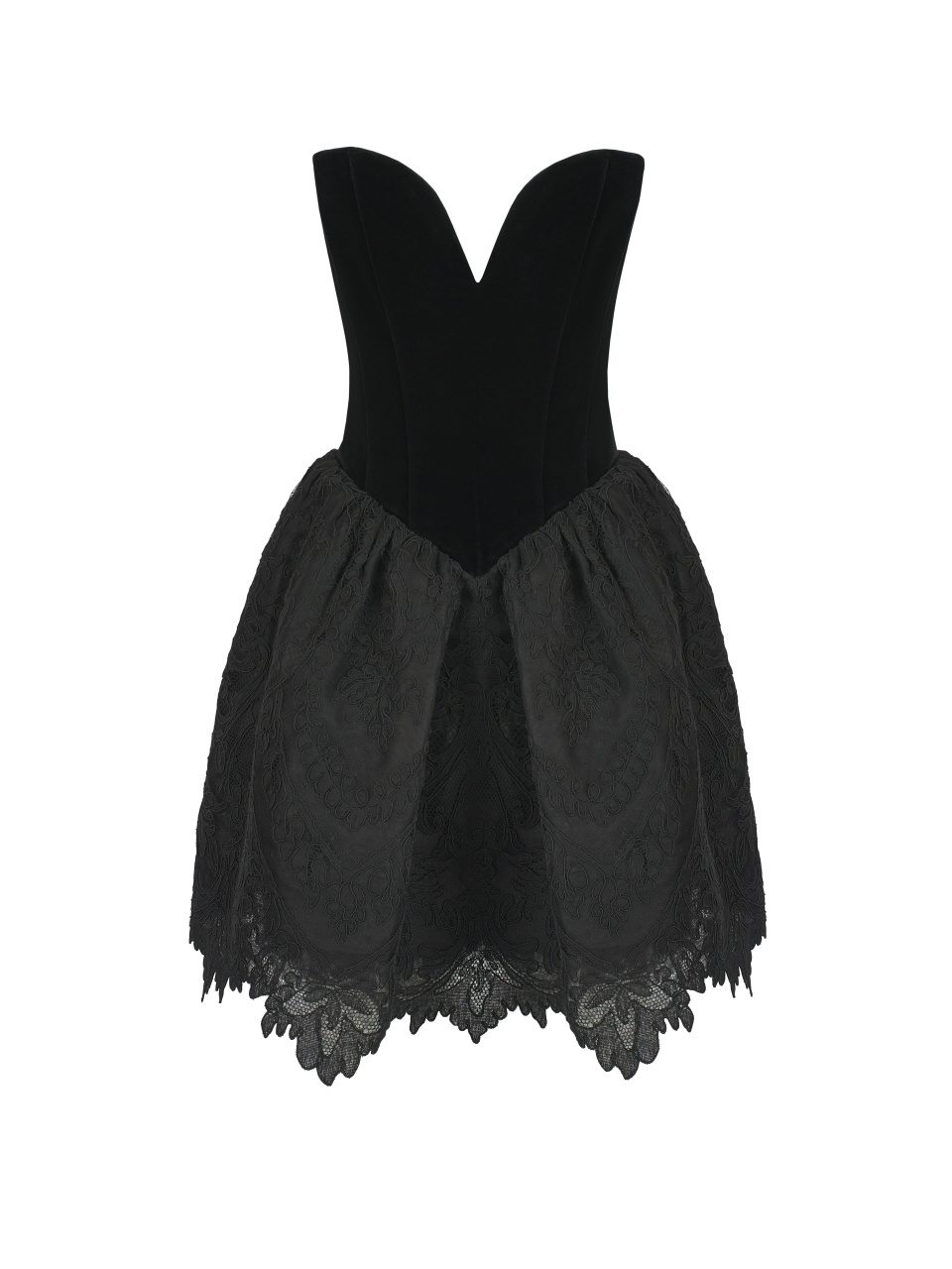 Черное платье-мини из бархата и кружева, 1