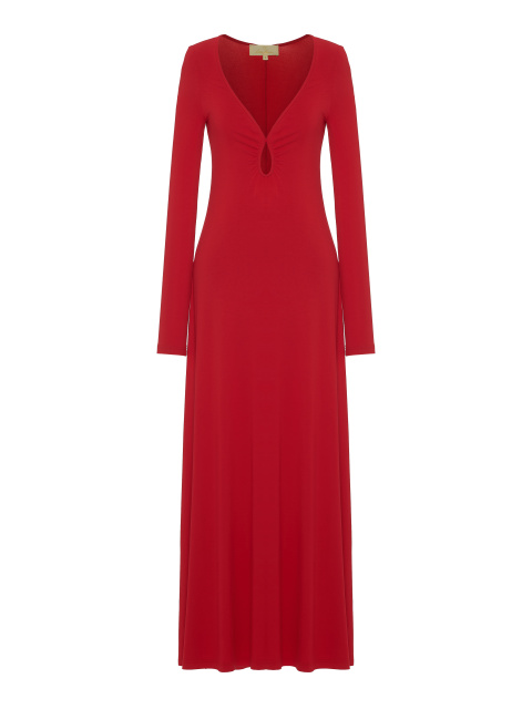 Красное трикотажное платье-макси с фигурным вырезом, 1