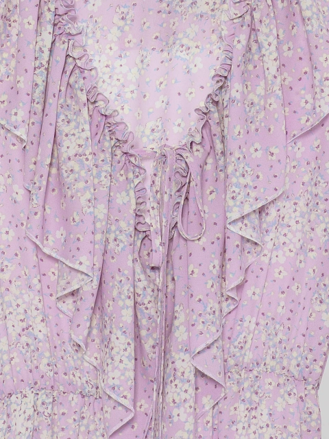 Сиреневое платье-мини с цветочным принтом и воланами, 3