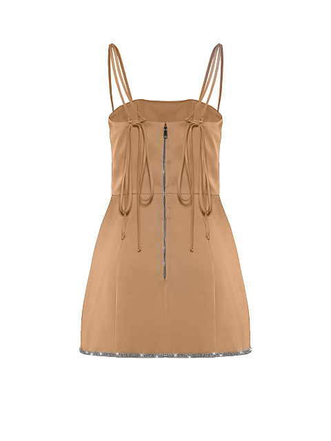 Бежевое атласное платье-мини со стразами на подоле, 2