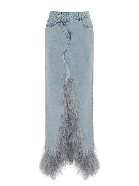 Голубая юбка-макси из денима с разрезом и перьями, 1