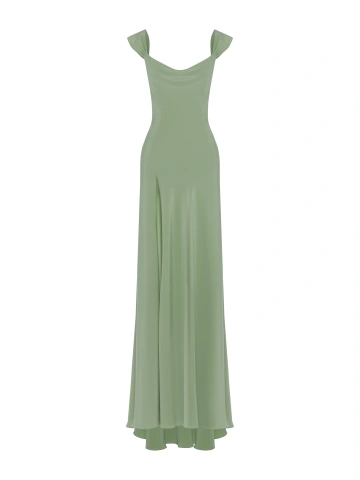 Светло-зеленое платье-макси из шелка с высоким разрезом, 1