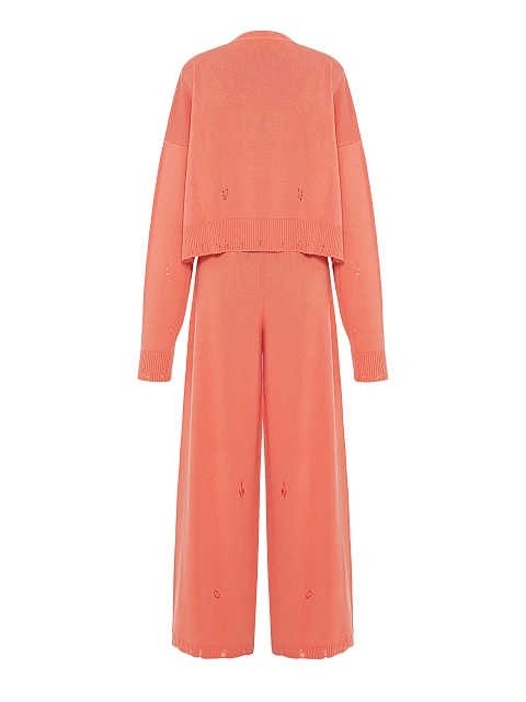Коралловый вязаный комплект из кардигана, топа и брюк, 3