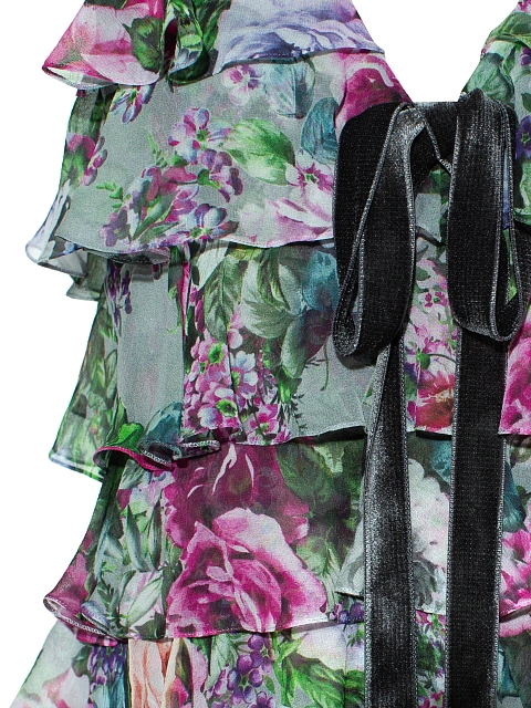 Зеленое платье-мини из шифона с цветочным принтом и воланами, 3 Зеленое платье-мини из шифона с цветочным принтом и воланами, 3