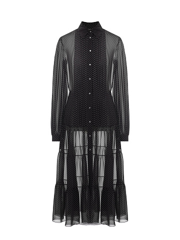 Черное шифоновое платье-миди в горошек, 1