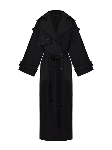 Черный двубортный тренч из хлопка с отделкой из кожи, 1