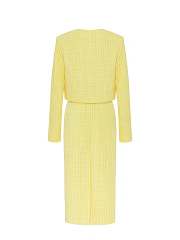 Желтый твидовый костюм из жакета и юбки-миди, 2