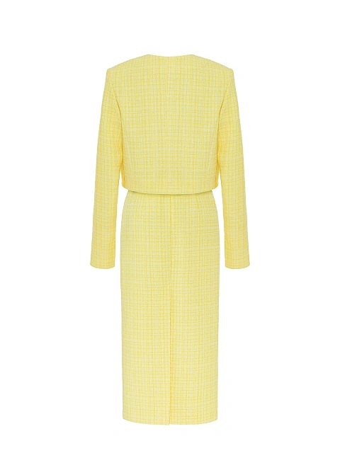 Желтый твидовый костюм из жакета и юбки-миди, 2