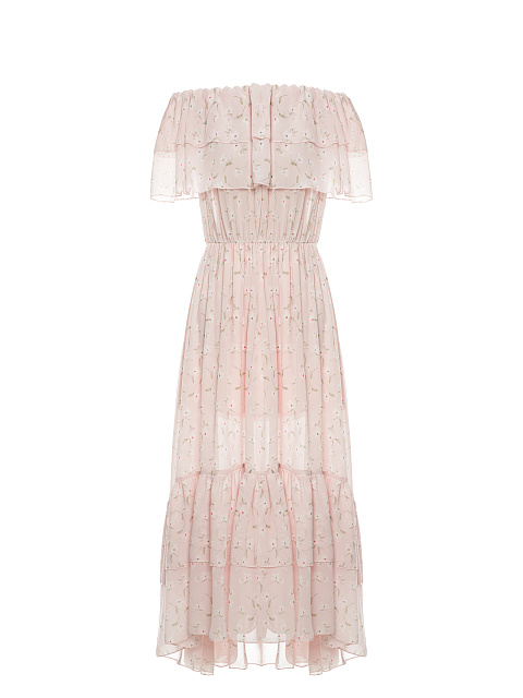 Светло-розовое шифоновое платье-миди с открытыми плечами, 1