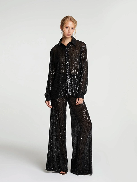 Черный костюм из рубашки и брюк в пайетках, 5