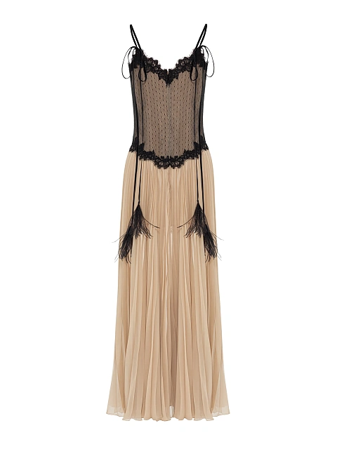 Бежевое платье-миди из плиссированного шифона и кружева, 2