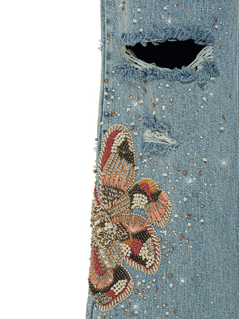 Расклешенные голубые джинсы с вышивкой и стразами, 3