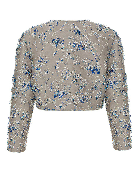 Укороченный жакет из серого жаккарда с цветочной вышивкой бисером и кристаллами, 5