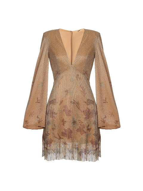 Шелковое платье-мини с бисером и бахромой, 1