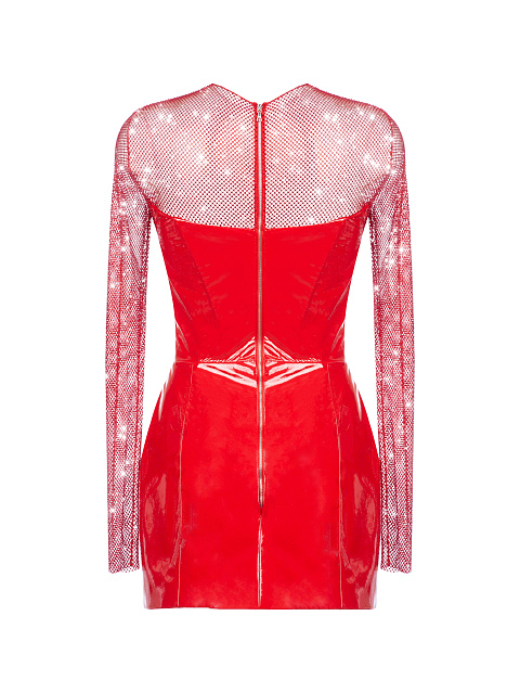 Красное лакированное платье-мини с сеткой, 2