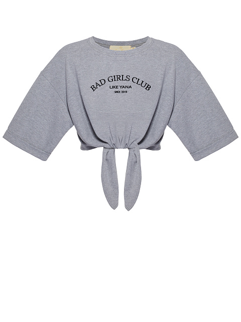 Укороченная серая футболка с завязками и черной вышивкой, 1 Укороченная серая футболка с завязками и черной вышивкой, 1