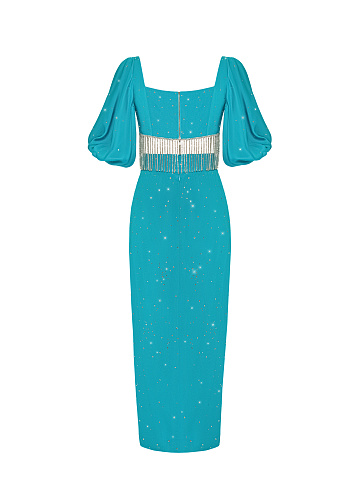 Бирюзовый шелковый комплект из топа и юбки-миди, 2