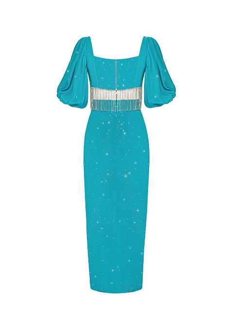 Бирюзовый шелковый комплект из топа и юбки-миди, 2 Бирюзовый шелковый комплект из топа и юбки-миди, 2