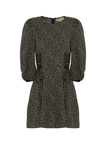 Черное платье-мини с цветочным принтом и шнуровкой на талии, 1