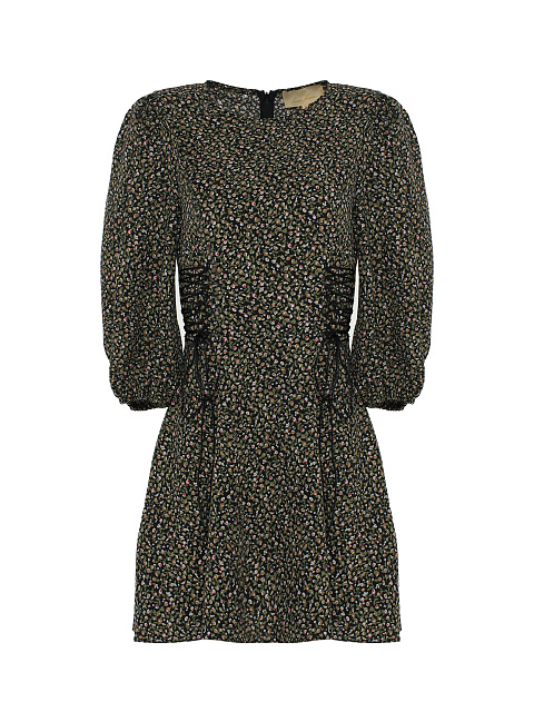 Черное платье-мини с цветочным принтом и шнуровкой на талии, 1