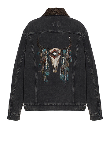 Черная джинсовая куртка с воротником из каракуля, 2