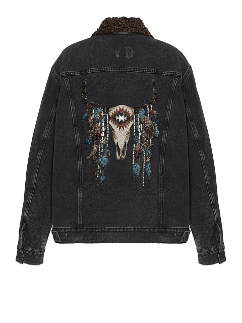 Черная джинсовая куртка с воротником из каракуля, 2 Черная джинсовая куртка с воротником из каракуля, 2