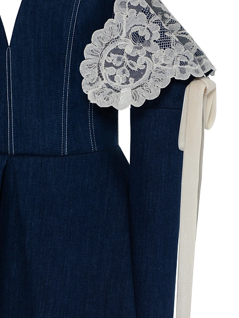 Синее платье-мини из денима с белым кружевом, 3