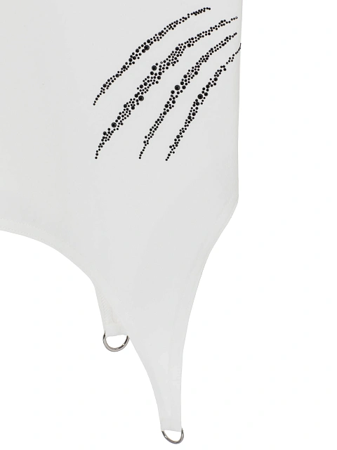 Белый хлопковый лонгслив с фигурным низом и черными стразами, 4