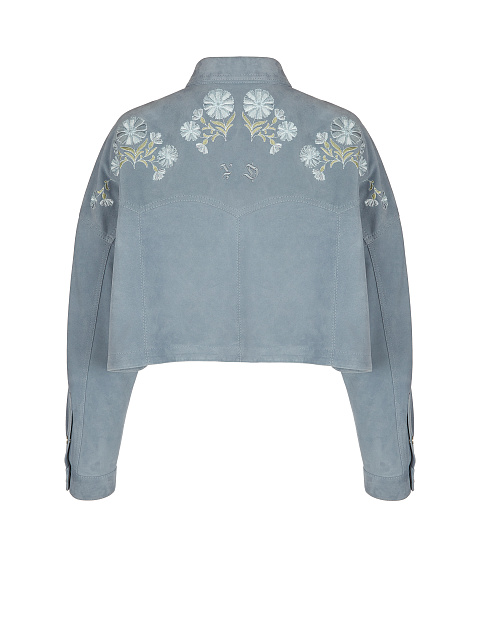Голубая укороченная замшевая куртка с вышивкой на спине, 2