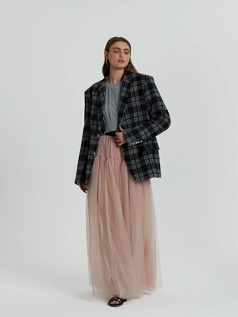 Черный объемный жакет в белую клетку, 5