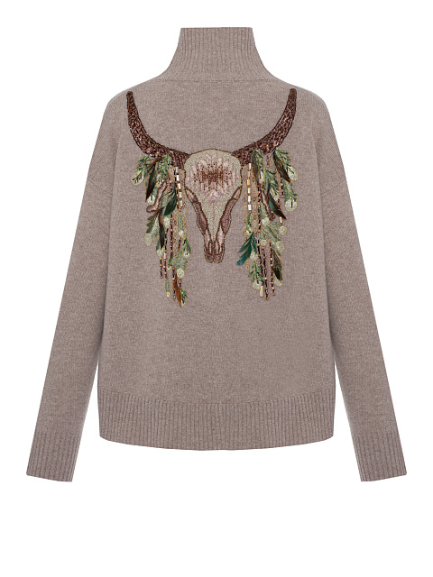 Бежевый кашемировый свитер с высоким горлом и вышивкой на спине, 2