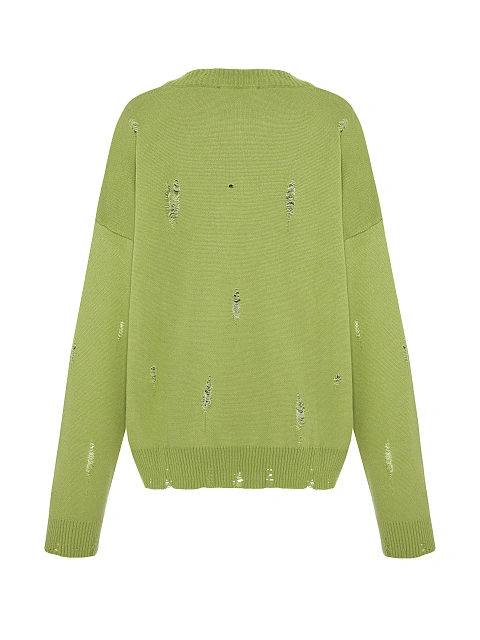 Салатовый свитер из хлопка с принтом и дырками, 2