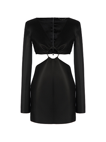 Черное платье-мини из кожи c фигурным вырезом, 1