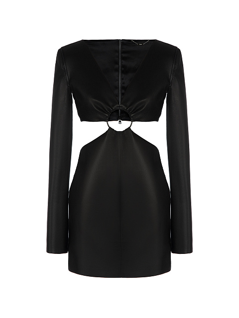 Черное платье-мини из кожи c фигурным вырезом, 1