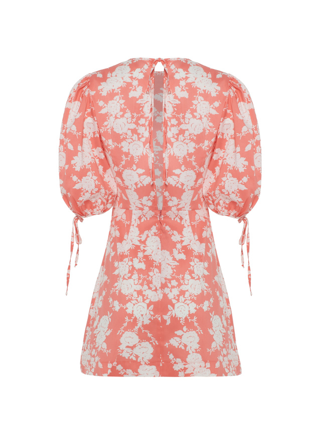 Коралловое хлопковое платье-мини с цветочным принтом, 2