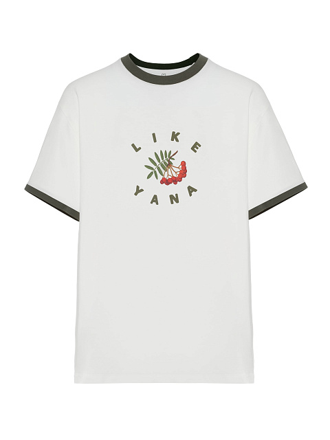 Белая оверсайз-футболка с принтом и зеленым кантом, 1 Белая оверсайз-футболка с принтом и зеленым кантом, 1