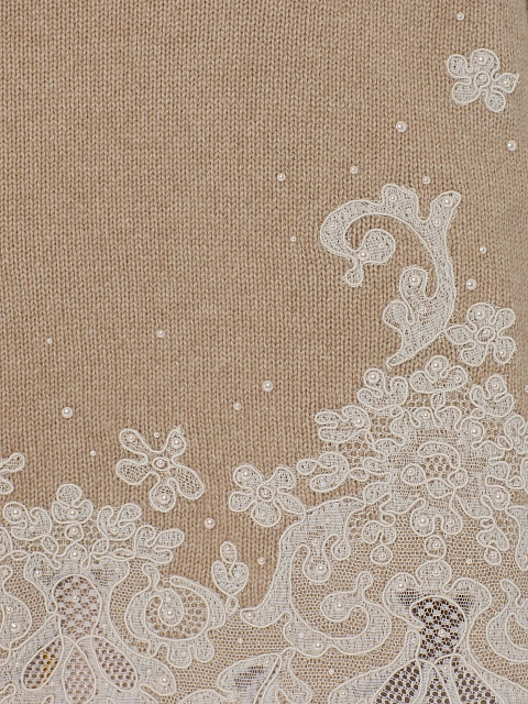 Бежевый укороченный пуловер из кашемира с жемчугом и кружевом, 3 Бежевый укороченный пуловер из кашемира с жемчугом и кружевом, 3