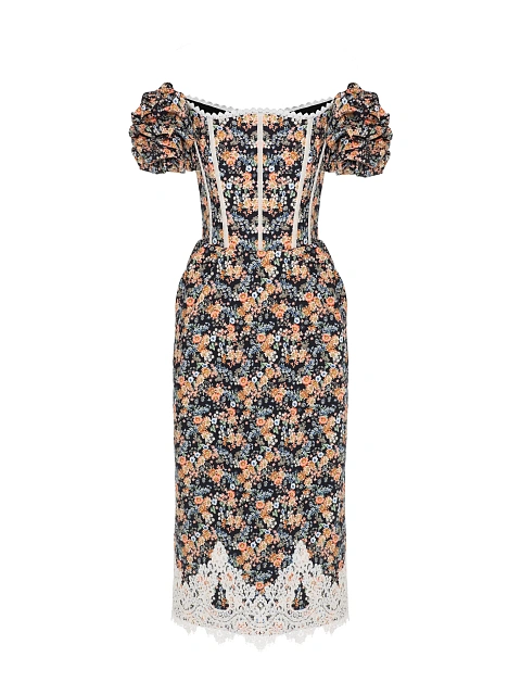 Черное платье-миди из хлопка с цветочным принтом и белым кружевом, 1