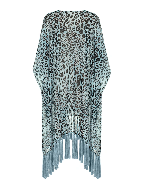 Голубая туника из шифона с леопардовым принтом и бахромой, 2
