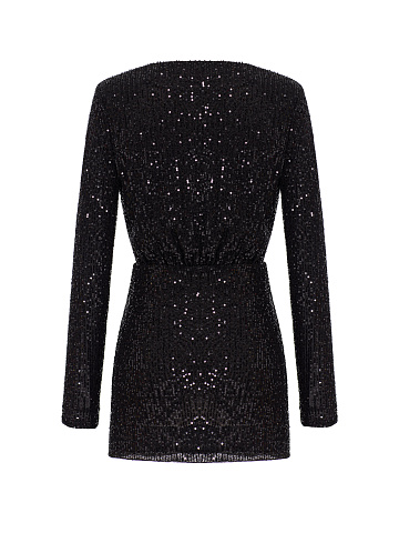 Черное платье-мини с пайетками и драпировкой, 2