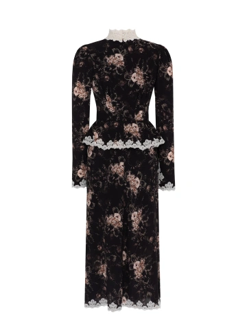Черное платье-миди с цветочным принтом и белым кружевом, 2