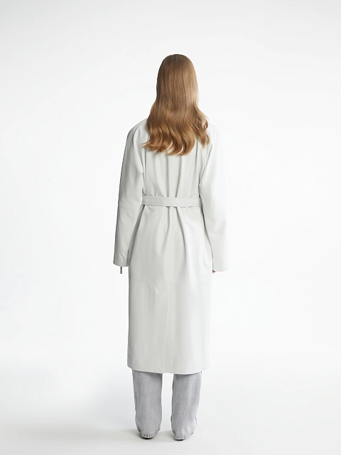 Белый двубортный тренч из кожи, 4