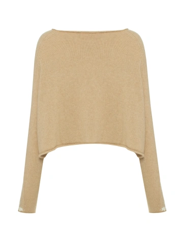 Бежевый укороченный пуловер из кашемира с кружевом, 2