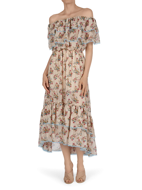 Светло-бежевое шифоновое платье-миди с цветочным принтом, 6