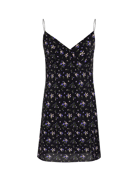 Черное платье-мини из шелка с цветочным принтом и завязками, 1 Черное платье-мини из шелка с цветочным принтом и завязками, 1