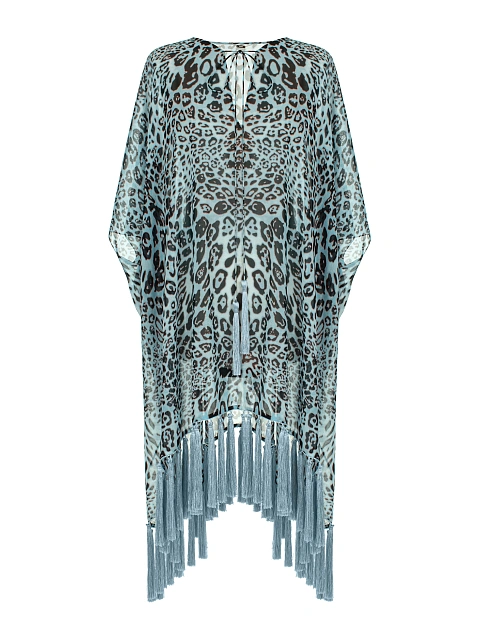 Голубая туника из шифона с леопардовым принтом и бахромой, 1