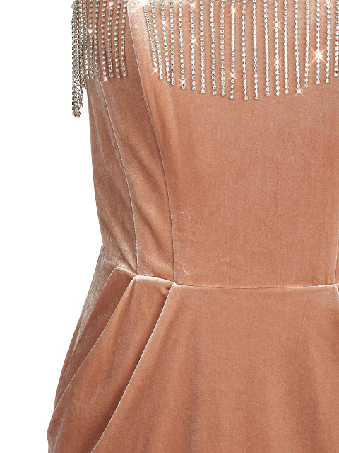 Бежевое бархатное платье-мини с бахромой из страз, 3